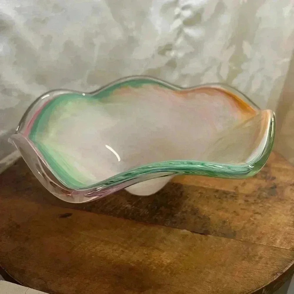 Art Glass Centerpiece Bowl  White Multicolor Pastel Tones - Picture 2 of 5